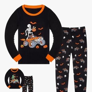 Kids Halloween Skeleton Monster Truck Pajama Set - Black & Orange